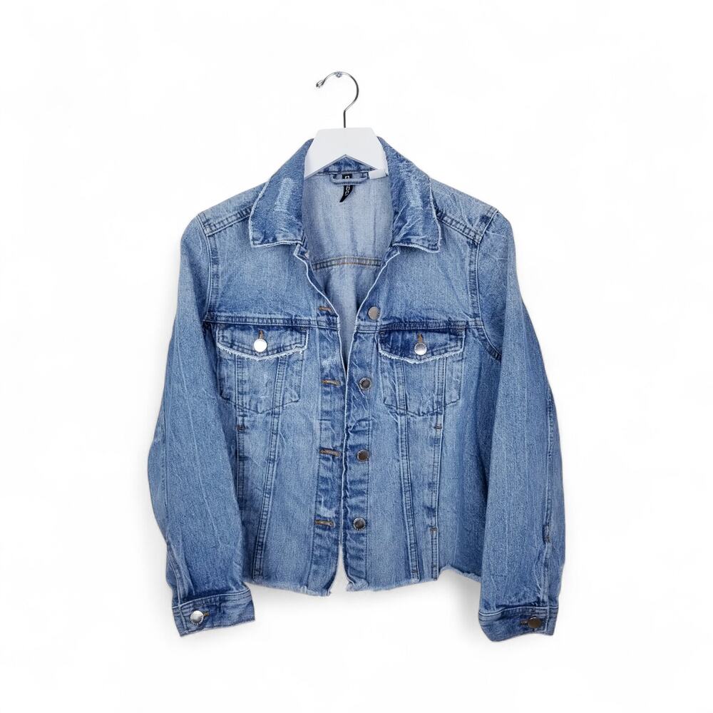 DIVIDED by H&M Denim Jacket Button Front Blue Jean Raw Hem - Size Small
